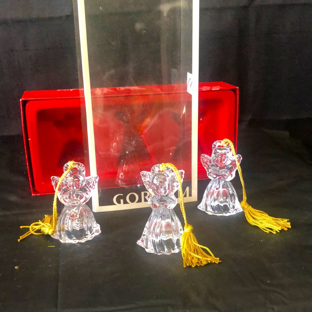 Gorham crystal Angel ornaments in original box; 2.5” H each set of 3 new